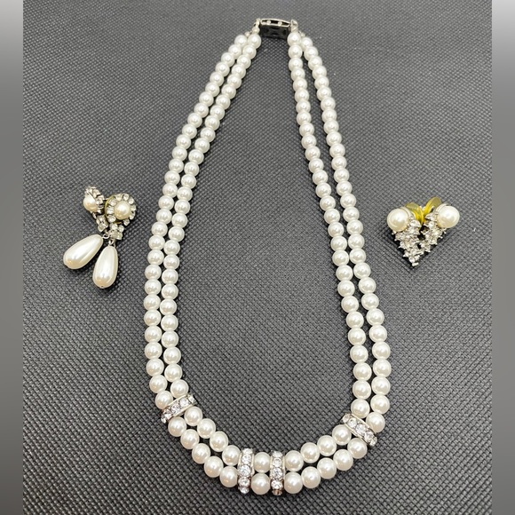 Double String Pearl Necklace and Earrings set - Picture 1 of 15